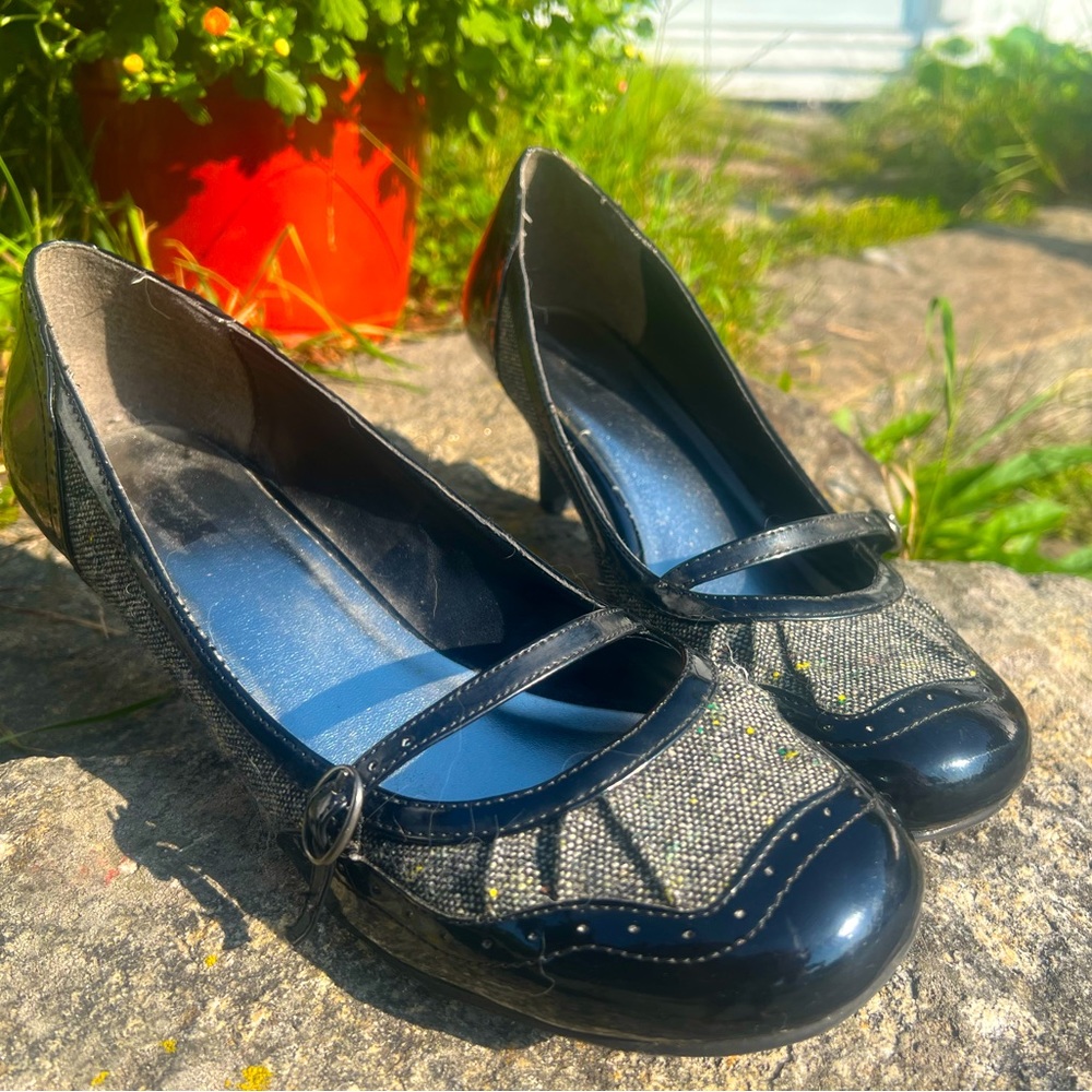 Tweed and Black “Kitten” Heels with Buckle Accent!
